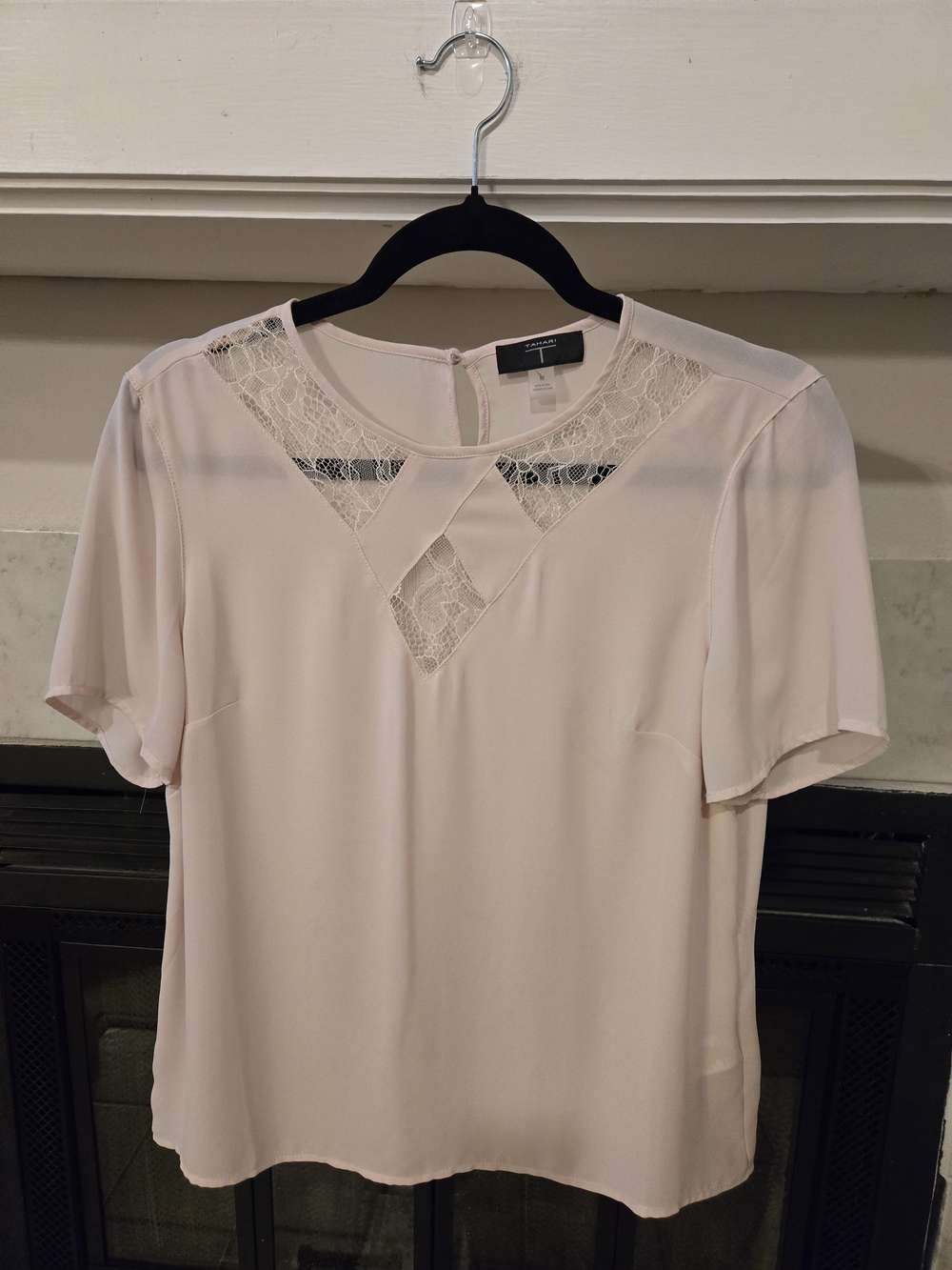 Tahari Blush Lace-Inset Short Sleeve Blouse